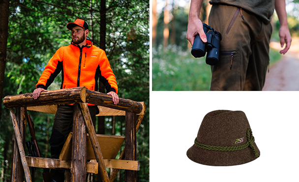 Collage avec trois sc�nes de chasse : � gauche, un homme en veste orange se tient sur un mirador en for�t ; en haut � droite, une personne tient des jumelles ; en bas, un chapeau de chasse marron avec un cordon vert.