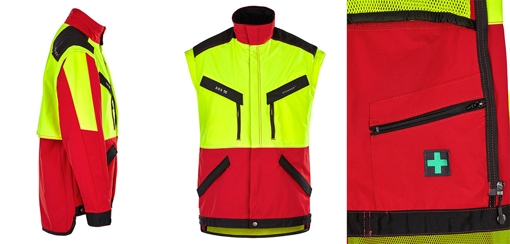 Plusieurs vues d’une veste foresti�re jaune et rouge avec manches amovibles, poches et compartiment de premiers secours.
